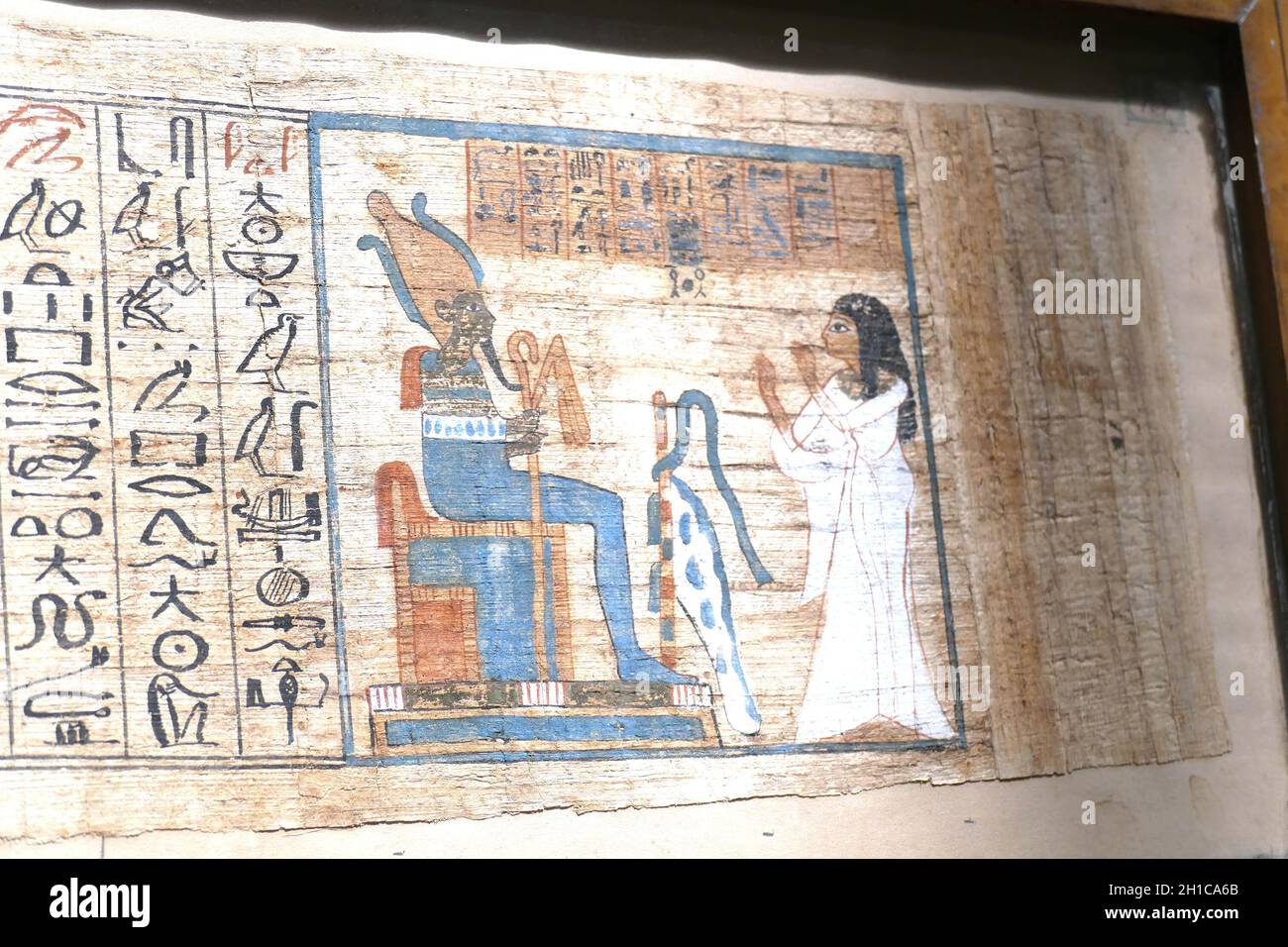 Gros plan des anciens hiéroglyphes égyptiens anciens et des dessins sur le papyrus Banque D'Images