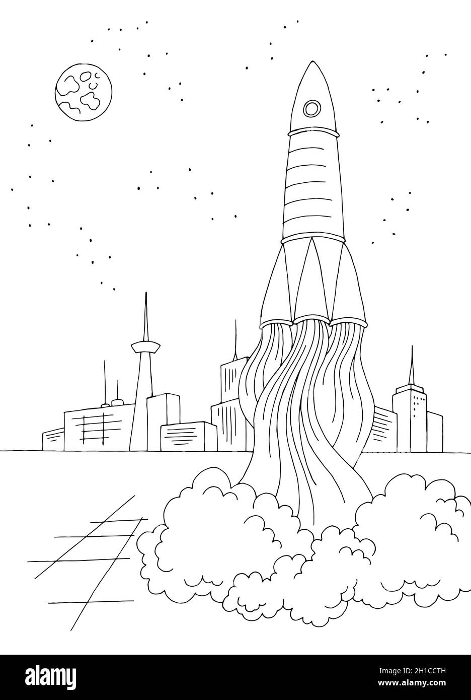 Spaceport lance une fusée extérieur graphique noir blanc vertical esquisse illustration vecteur Illustration de Vecteur