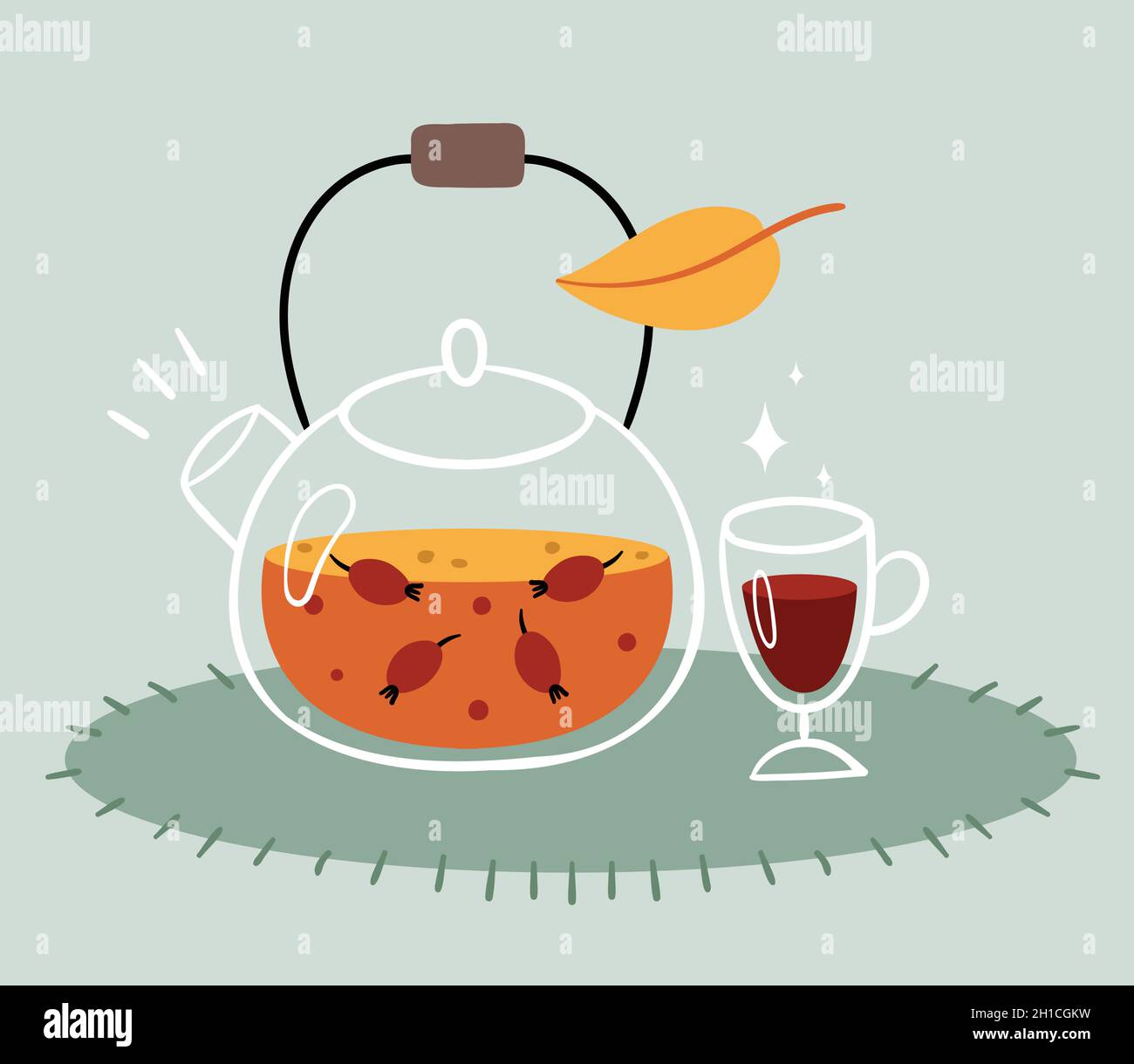 Thé au rosehip dans une théière transparente.Un verre de vin chaud.Boisson chaude d'automne. Illustration de Vecteur