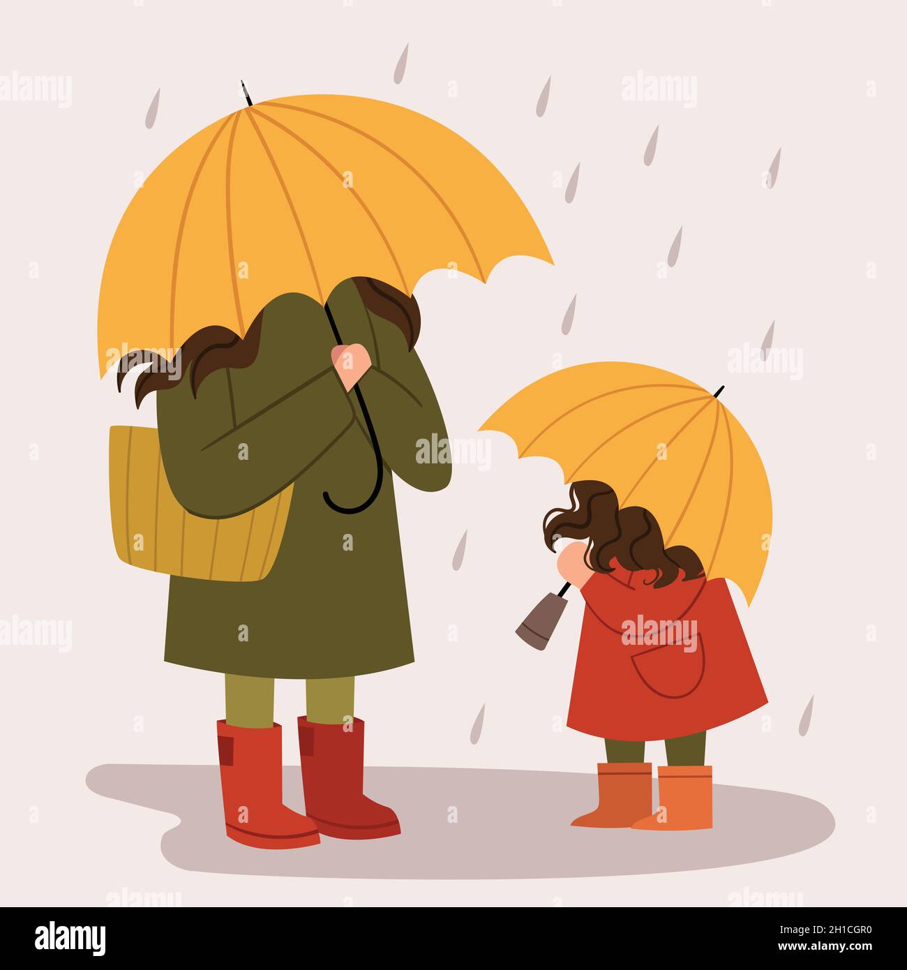 Maman et fille avec des parasols jaunes marchent sous la pluie.Marche d'automne.Jour de la famille. Illustration de Vecteur