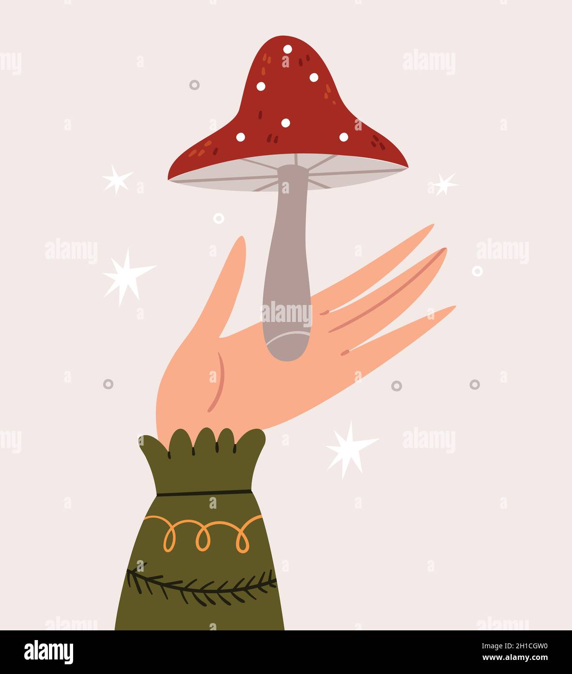 Une main dans un chandail chaud tient une amanita.Jolie illustration d'automne. Illustration de Vecteur