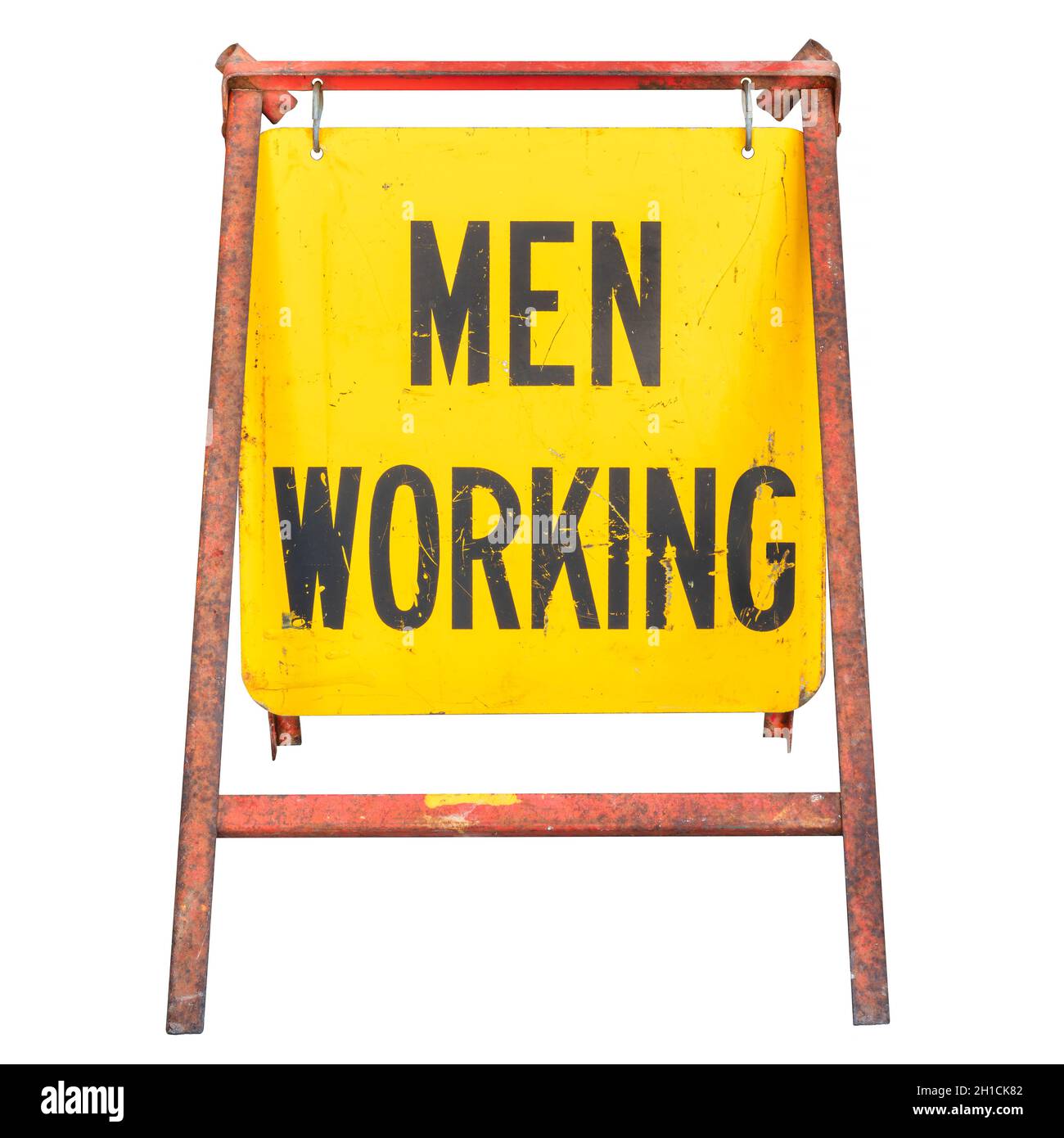 Hommes route jaune de travail panneau d'interprétation isolé sur fond blanc Banque D'Images