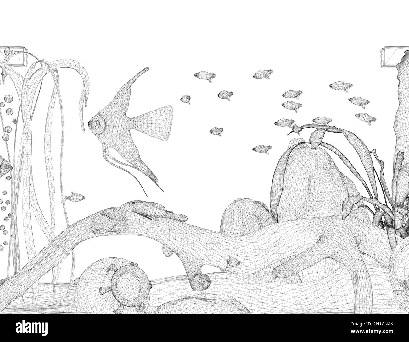 Aquarium filaire avec des poissons de lignes noires isolées sur fond blanc.3D.Illustration vectorielle. Illustration de Vecteur