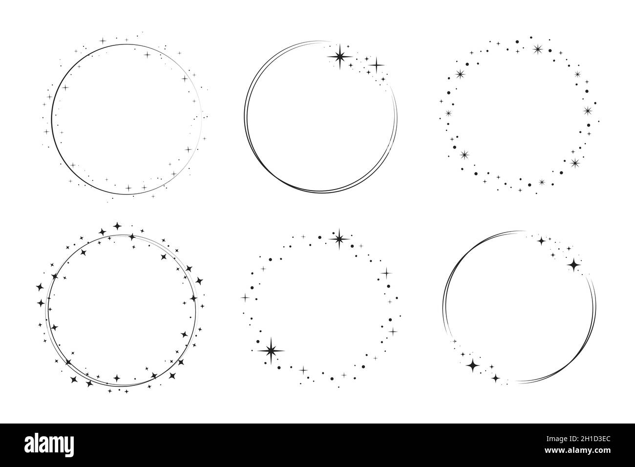 Ensemble de cadres de cercle en étoile.Couronne ronde bordure stardust pour fête, décoration d'anniversaire.Cadre Laurel avec éclat cosmique scintillant.Illustration noire isolée à vecteur plat. Illustration de Vecteur