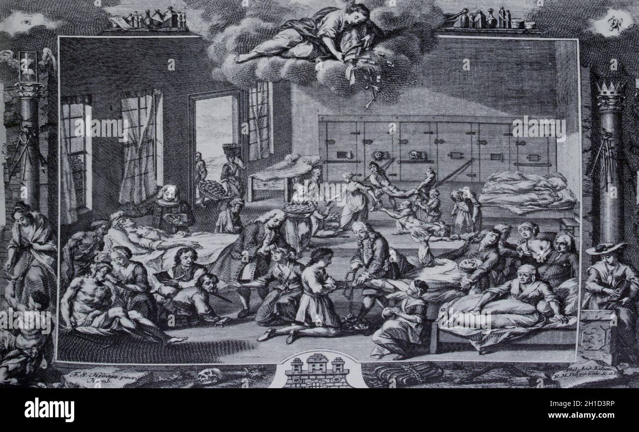 Hôpital de Hambourg lors de l'épidémie de peste de la Grande Guerre du Nord, 1746, Prusse, aujourd'hui Allemagne. Gravure de Copperplate par C. Fritzsch Banque D'Images