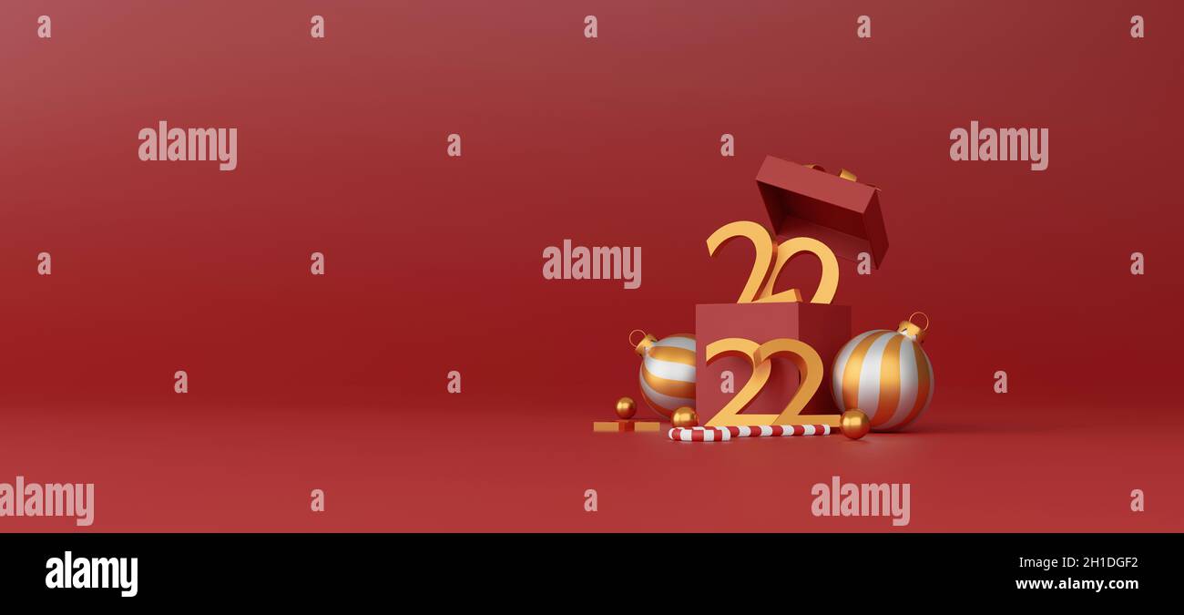 joyeux noël et nouvel an 2022 présente concept. boîtes-cadeaux rouges et décor de noël sur fond rouge.Illustration 3D Banque D'Images
