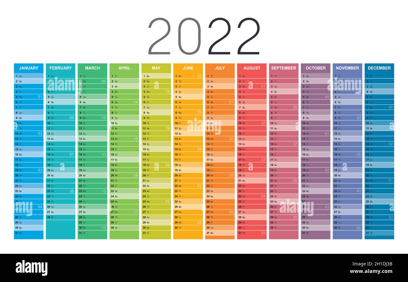 Calendrier mural coloré de l'année 2022, avec chiffres des semaines, sur fond blanc. Modèle vectoriel. Illustration de Vecteur