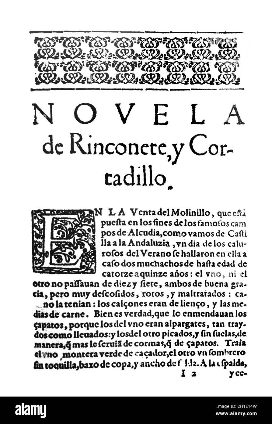 Titre de la page de Rinconete y Cortadillo roman de Miguel de Cervantes publié en 1605. Première édition Banque D'Images