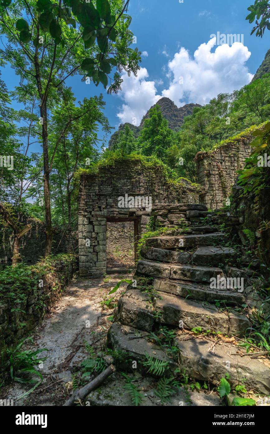 Une photo verticale d'un magnifique paysage ancien construit avec des pierres entourées d'arbres dans une forêt, la Chine Banque D'Images
