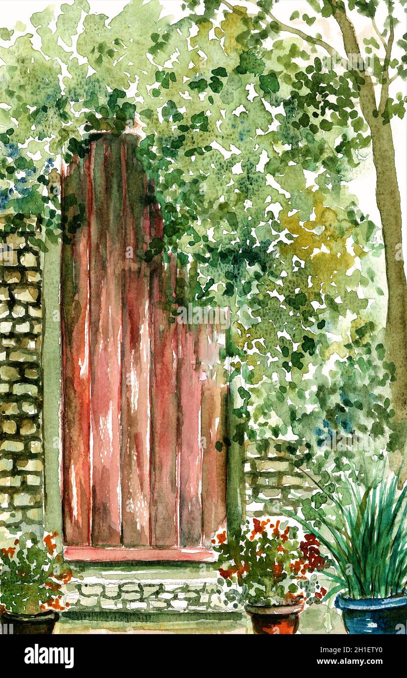 Ancienne porte en bois.Aquarelle.Porte du jardin Photo Stock - Alamy