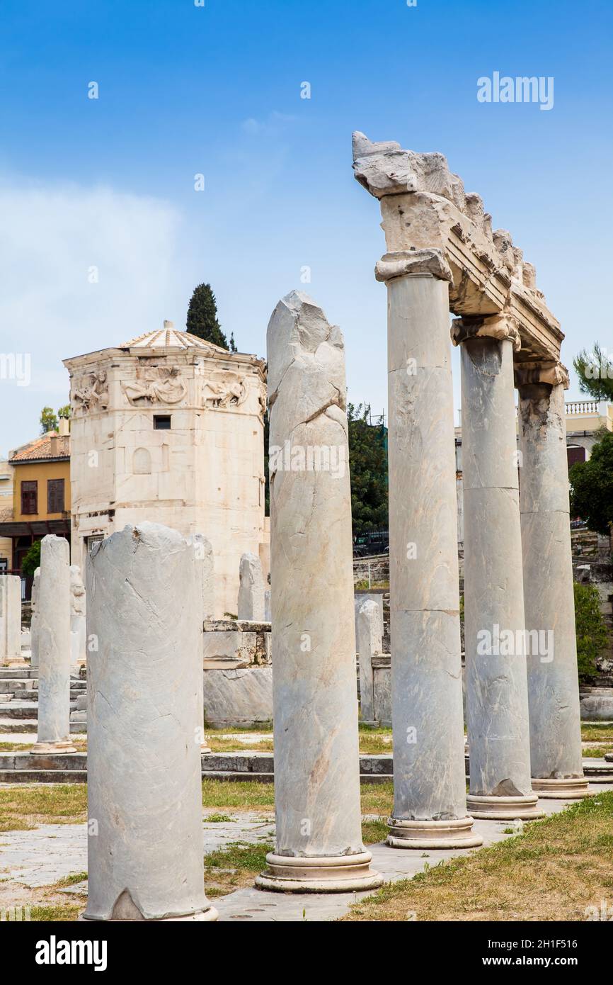D'anciennes ruines de l'Agora romaine situé au nord de l'Acropole à Athènes Banque D'Images