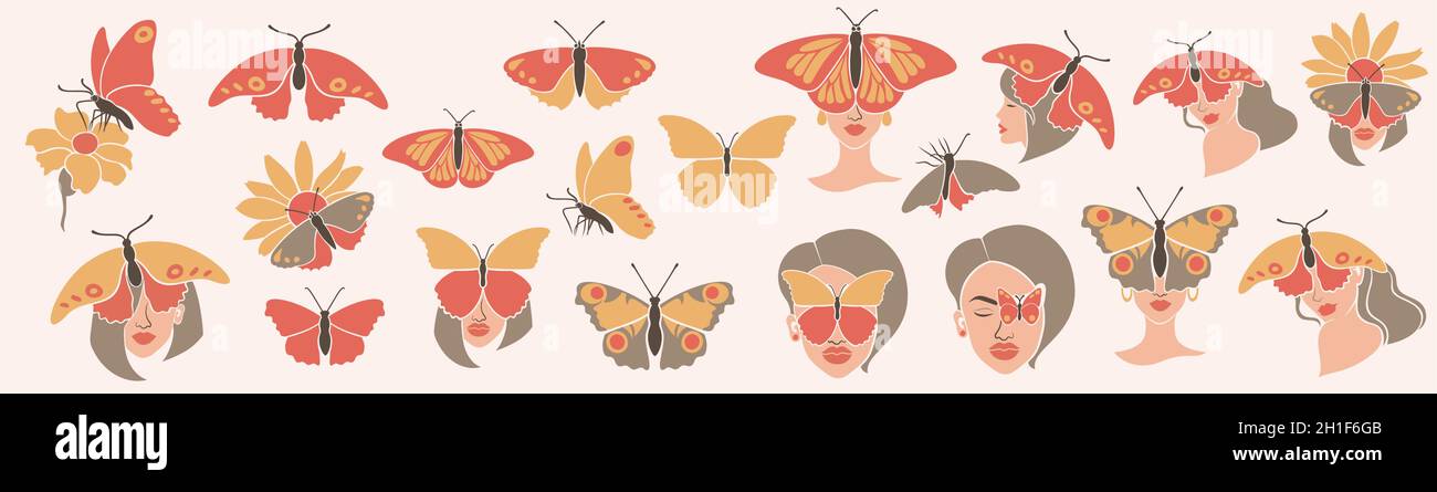 Femme avec papillons dans un style moderne d'art plat. Illustration de Vecteur