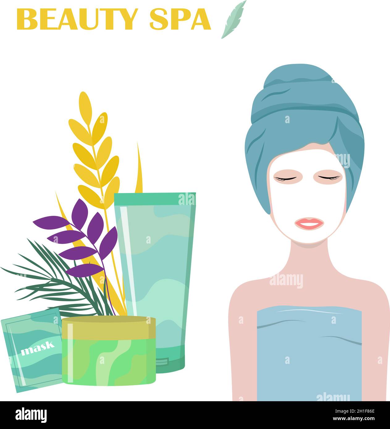 Soins de spa.Illustration vectorielle.La fille au salon de beauté avec un masque sur son visage. Illustration de Vecteur