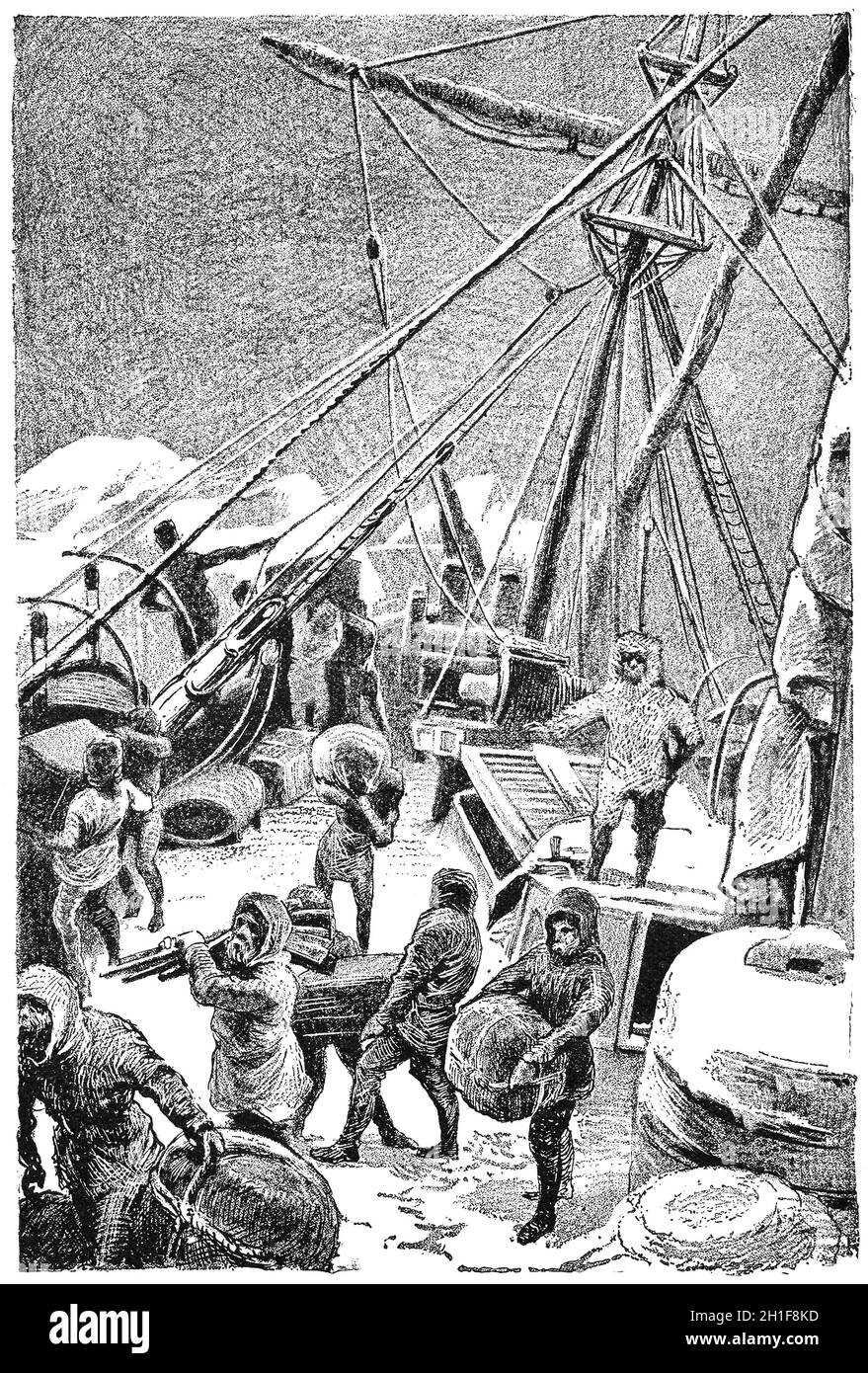 Recherche polaire goélette à moteur de navigation amiral Tegetgoff en pack de glace, mai 1874. Illustration du XIXe siècle. Fond blanc. Banque D'Images