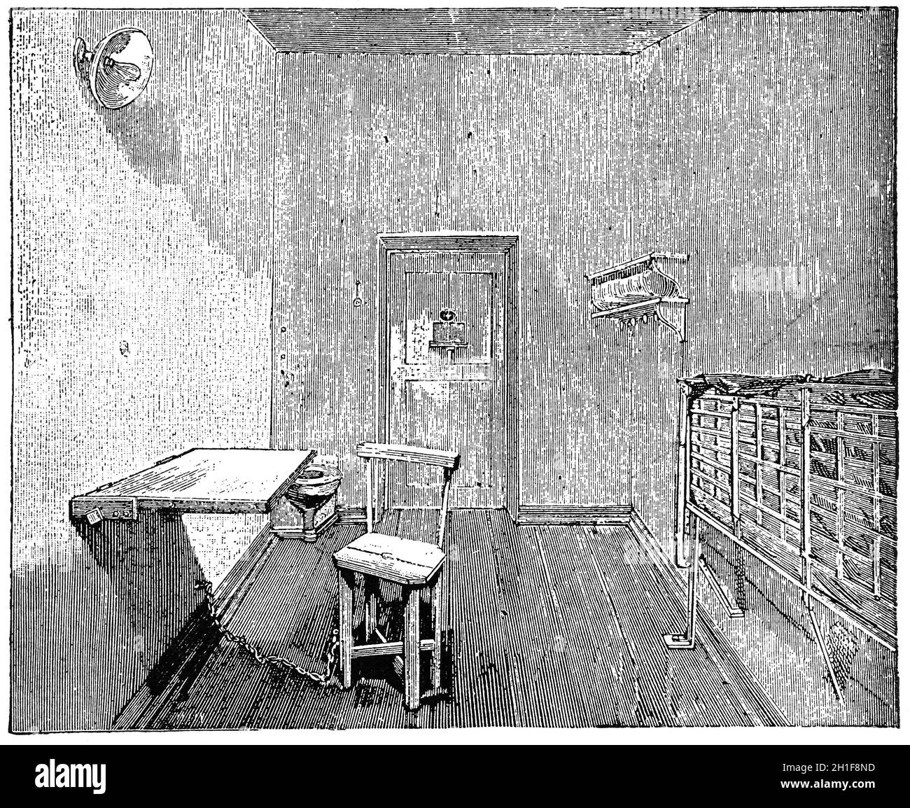 Cellule de prison solitaire (1898). Illustration du XIXe siècle. Fond blanc. Banque D'Images