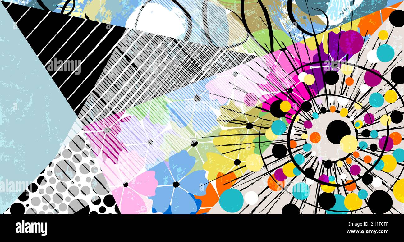 arrière-plan de motif géométrique abstrait, avec des triangles, des cercles, des fleurs, des traits de peinture et des éclaboussures Illustration de Vecteur
