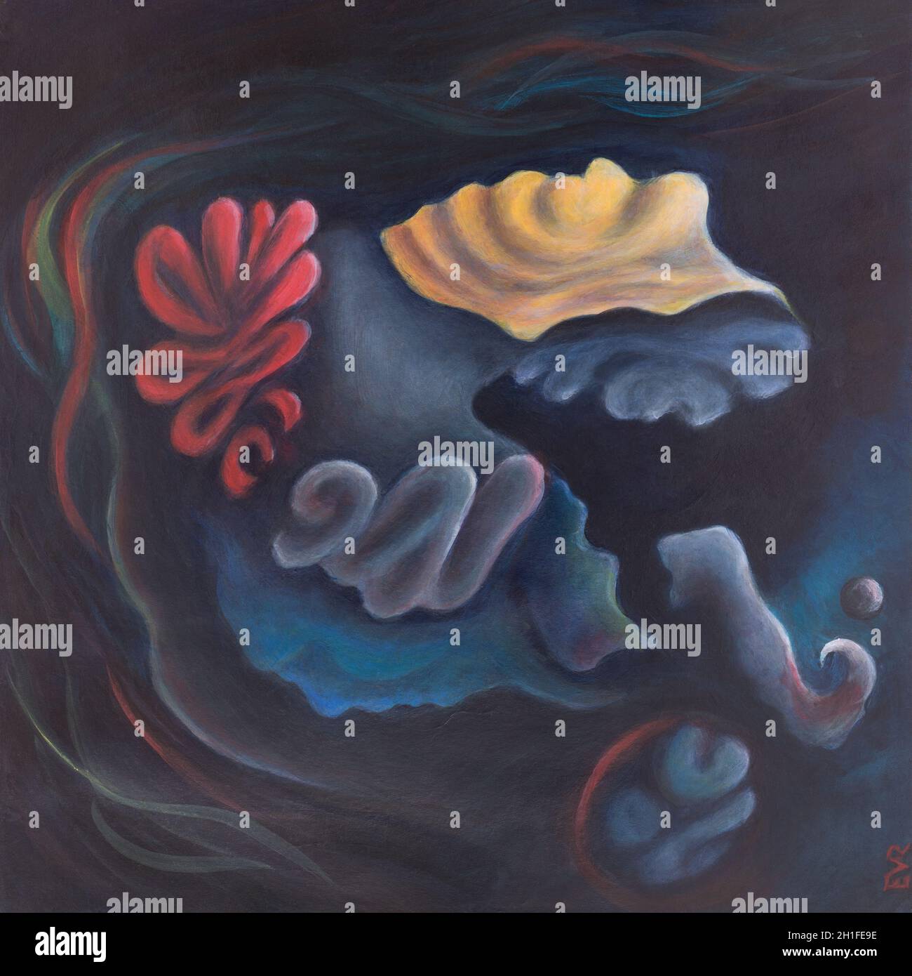 Chimère. Fantaisie dans les courbes et en couleur sur le thème Sleep of Reason. Abstrait peinture acrylique sur carton Banque D'Images