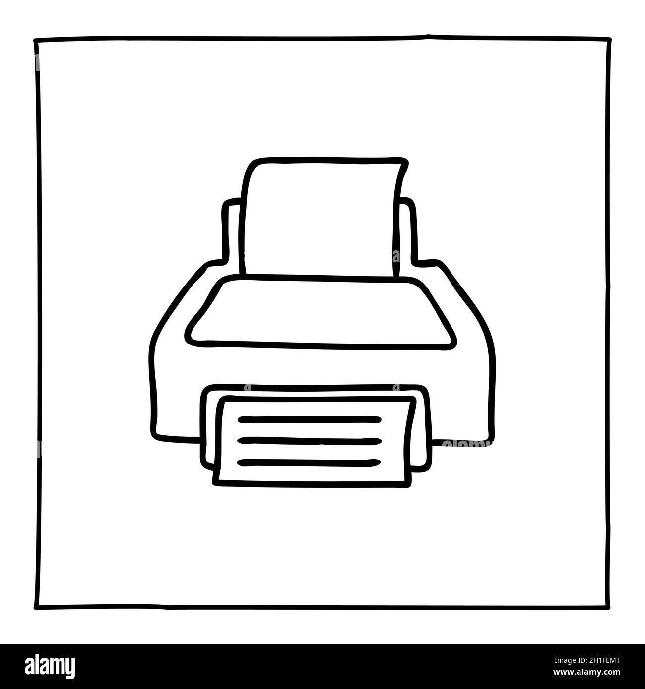 Icône ou logo de l'imprimante Doodle, dessiné à la main avec une fine ligne noire. Illustration de Vecteur