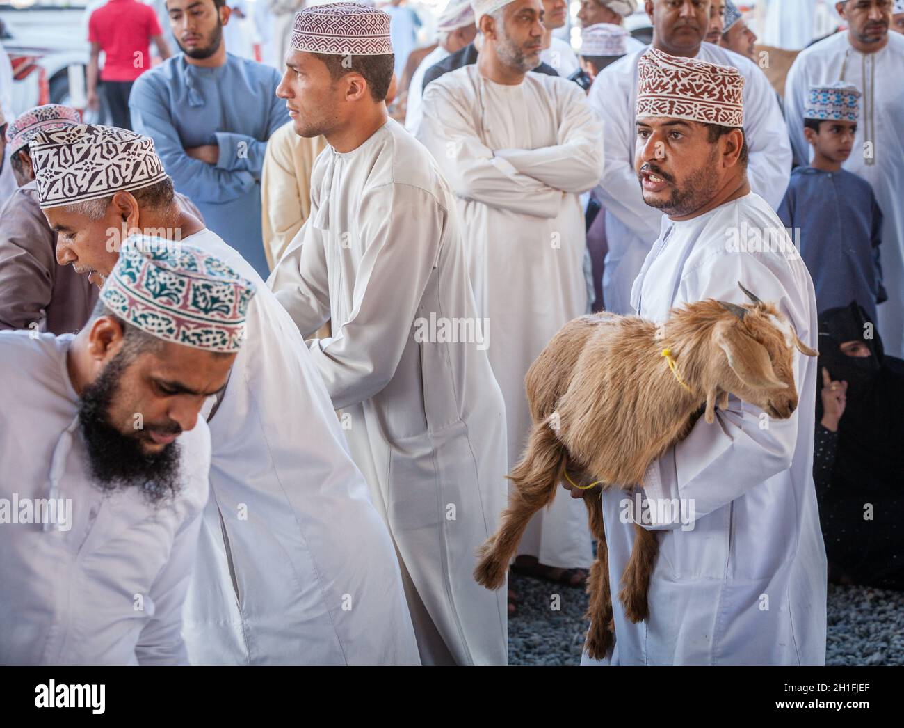 Nizwa, Oman, 2 décembre 2016 : vendeurs de chèvre au marché de la chèvre du vendredi à Nizwa, Oman Banque D'Images