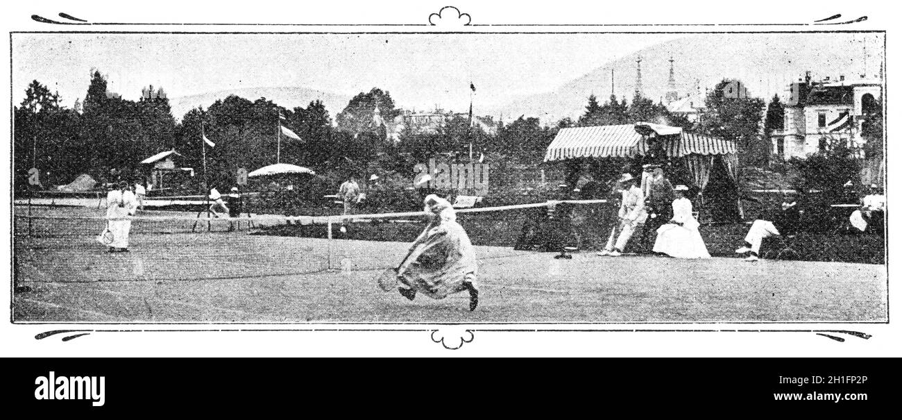 Tennis sur gazon. Illustration du XIXe siècle. Fond blanc. Banque D'Images