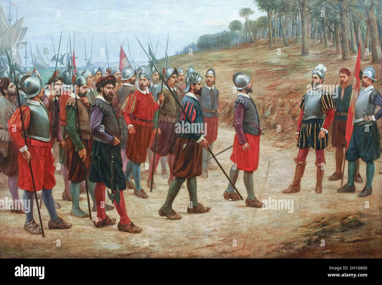 Francisco Pizarro sur l'île de Gallo, en dessinant une ligne dans le sable pour les treize célèbres. Peint par Juan Lepiani en 1902. Reproduction chez Explora Banque D'Images