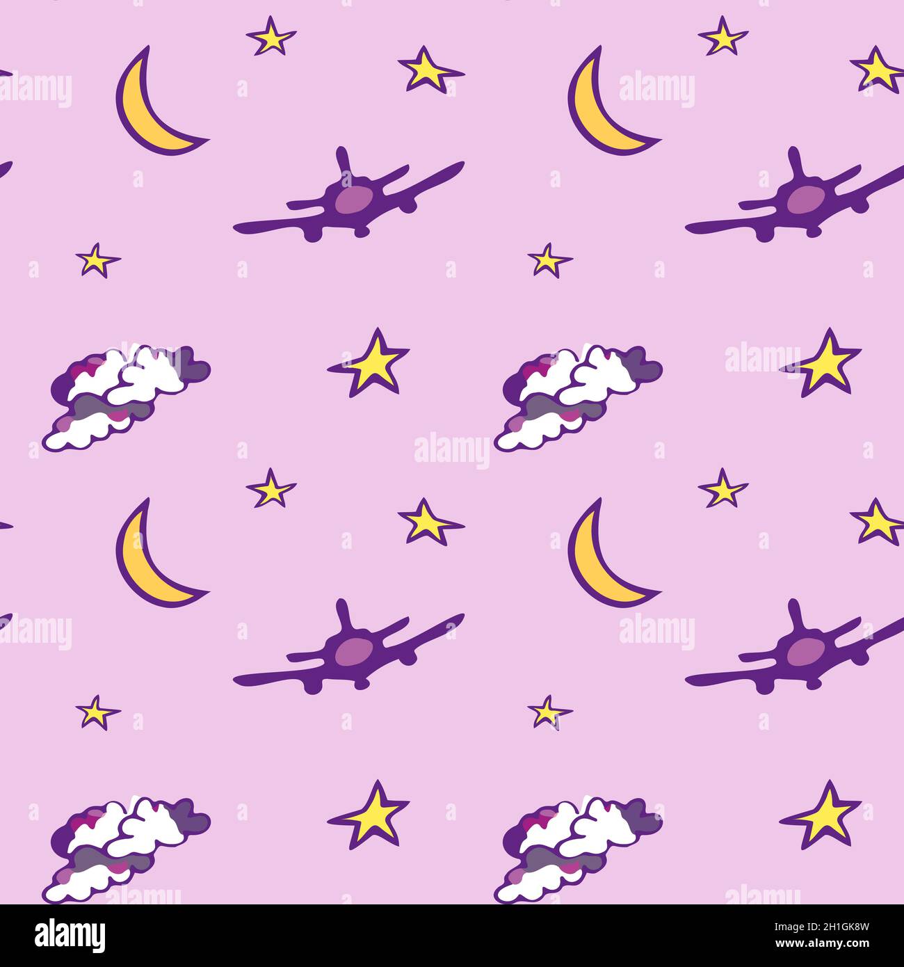 Motif sans couture avec lune, étoiles, avion et nuages.Fond rose. Illustration de Vecteur
