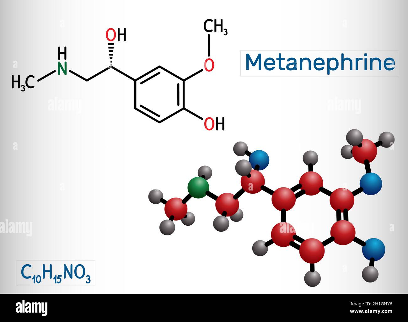 Molécule de métanephrine.C'est un métabolite de l'épinéphrine, de l'adrénaline, un biomarqueur pour le phéochromocytome.Formule chimique structurelle et modèle moléculaire.Il Banque D'Images