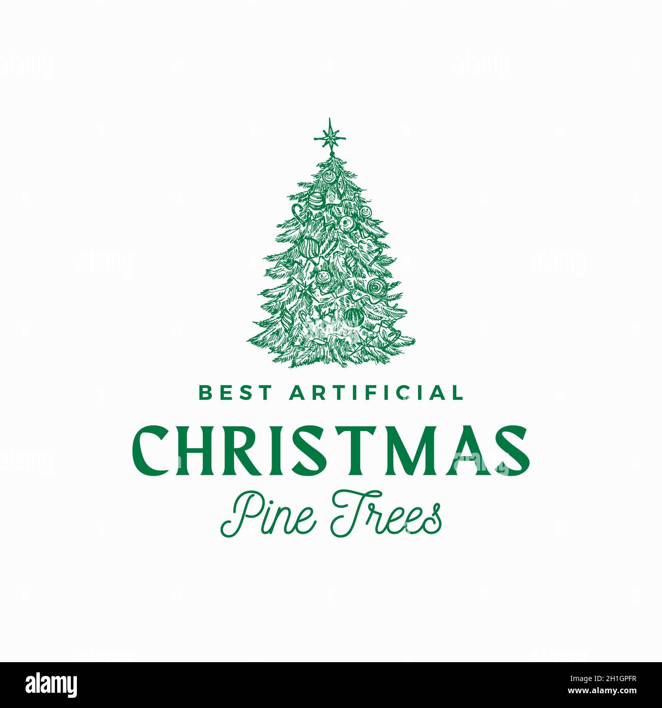 Meilleur modèle de symbole, de symbole ou de logo pour les pins de Noël artificiels.Dessin à la main des conifères décorés esquisse de sapin Silhouette avec rétro Illustration de Vecteur