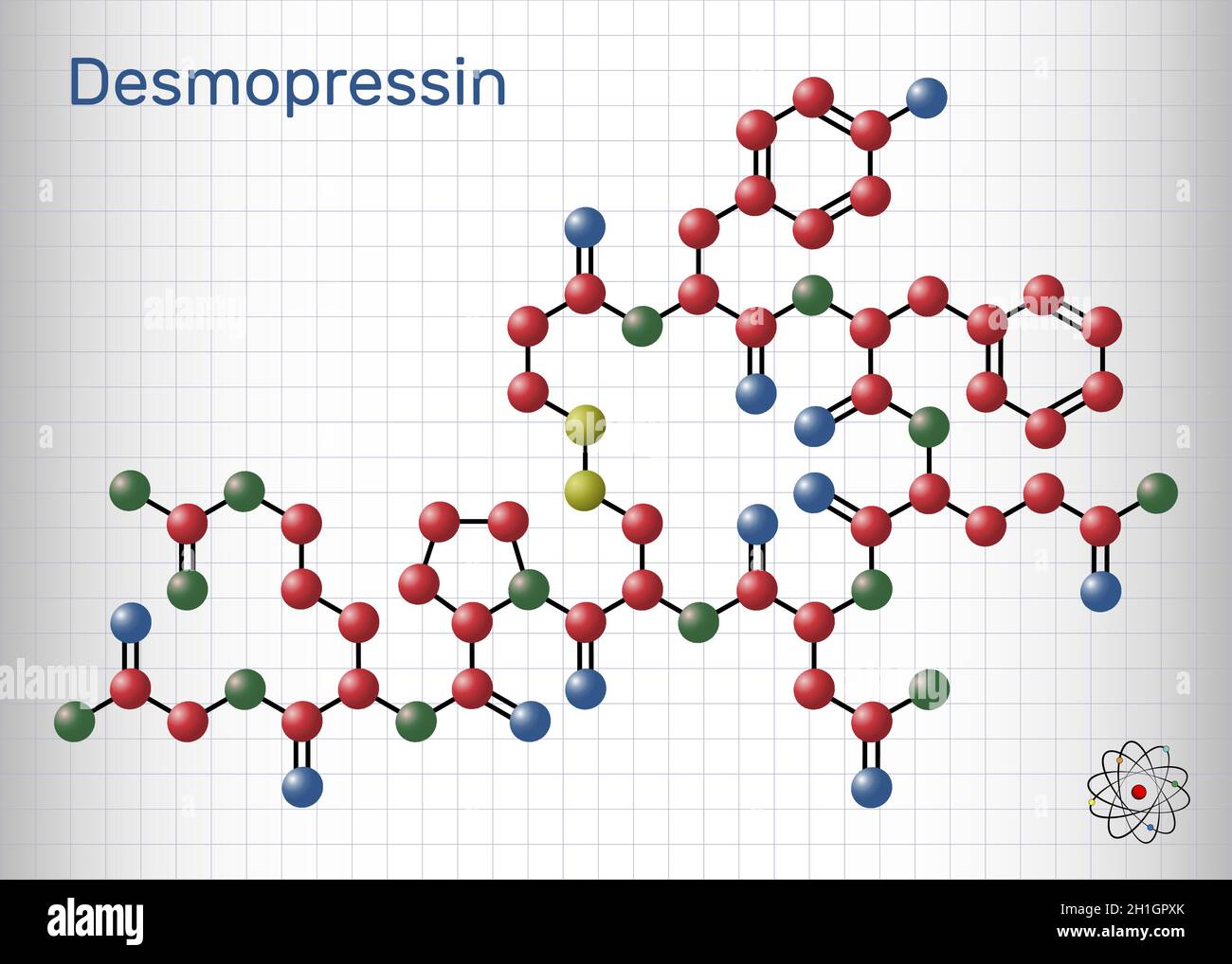 Desmopressine, desmopressine, molécule de desmopressinum.Il s'agit d'un médicament antidiurétique peptidique, analogue synthétique de la vasopressine.Feuille de papier dans une cage.VEC Illustration de Vecteur