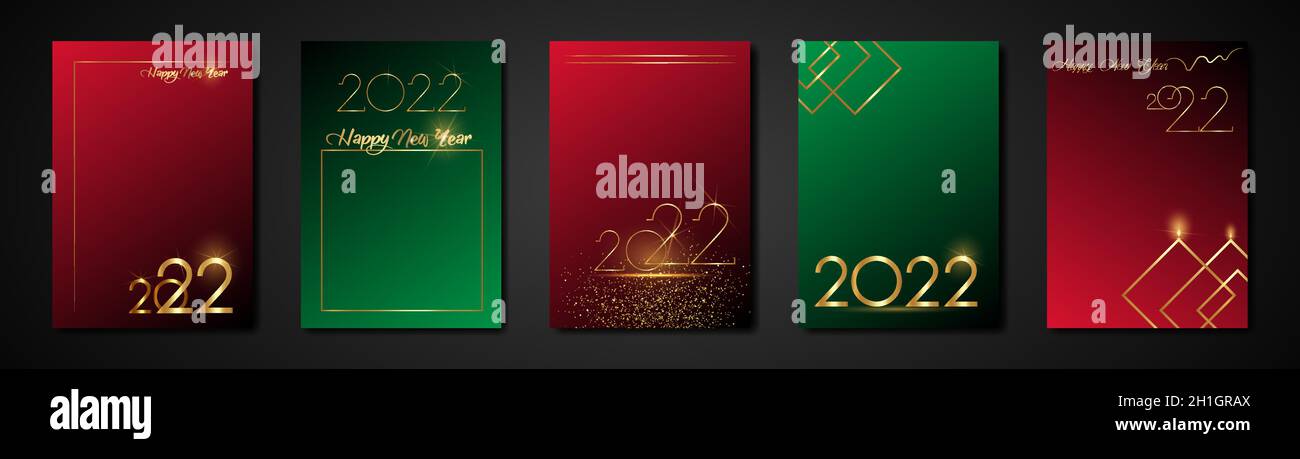 Ensemble de cartes 2022 texture or joyeux nouvel an, or luxe rouge et vert fond moderne, éléments pour le calendrier, carte de voeux ou thème de Noël Illustration de Vecteur