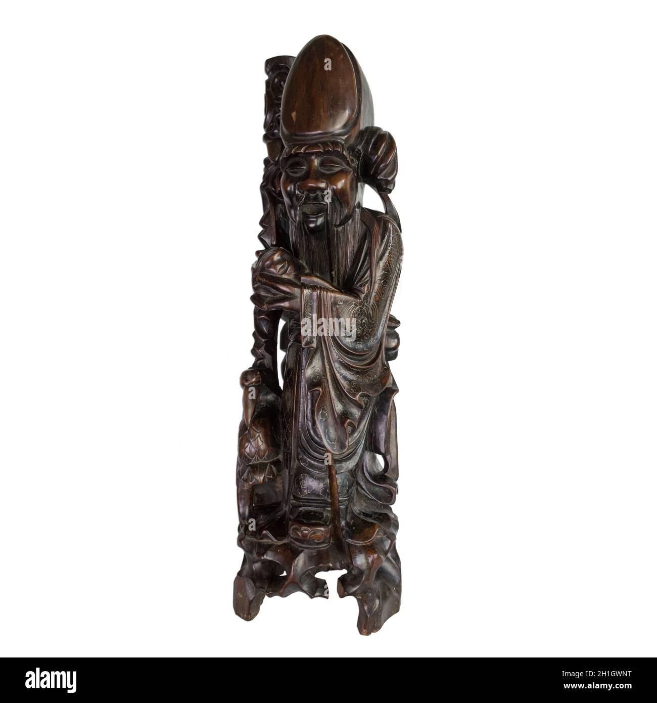 Figure de bois sculpté chinois antique de Shouxing Immortal avec décoration d'incrustation en fil d'argent Banque D'Images