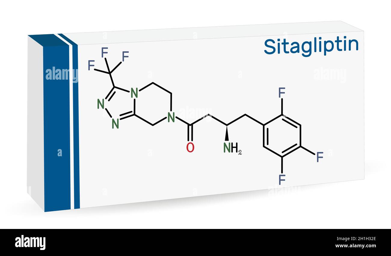 Molécule de médicament antidiabétique sitagliptine.Il s'agit de trifluorobenzène et de triazolopyrazine avec une activité hypoglycémique.Formule chimique du squelette Illustration de Vecteur