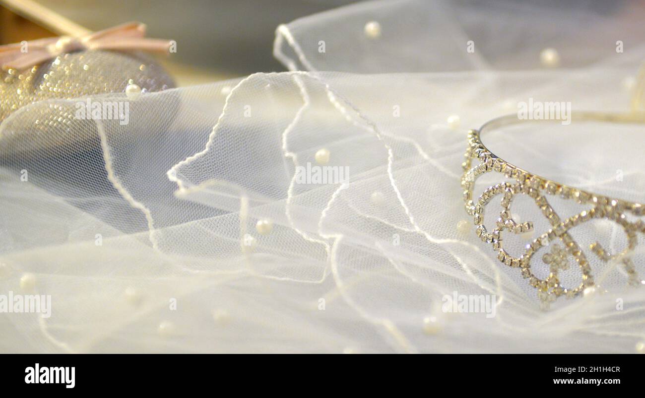 dentelle blanche voile, diaem brillant argent et chaussures de mariée rose. ensemble d'accessoires de mariage Banque D'Images