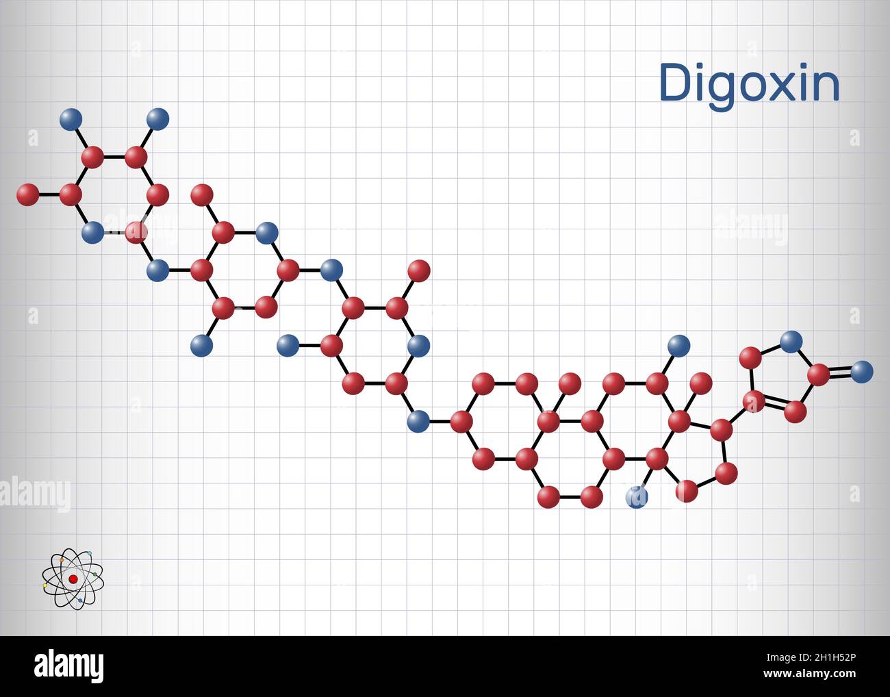 Digoxine, molécule.Il s'agit de glycoside cardiaque, médicament cardiovasculaire, utilisé pour gérer la fibrillation auriculaire et les symptômes de l'insuffisance cardiaque.Feuille de pape Illustration de Vecteur