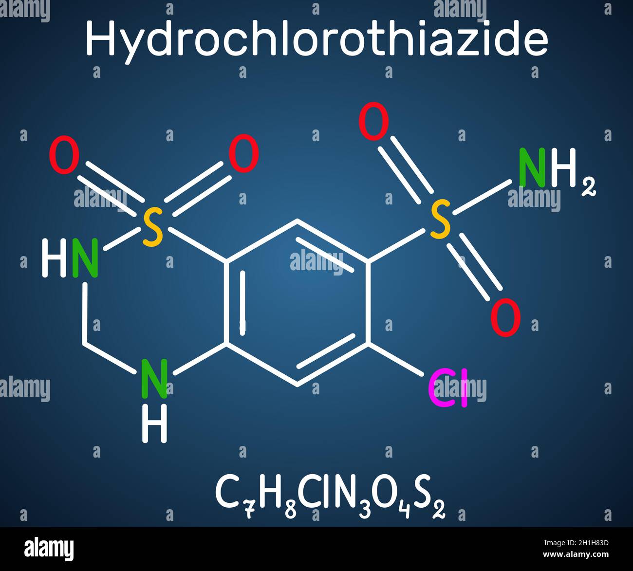 Hydrochlorothiazide, HCTZ, molécule HCT.Il est diurétique thiazidique, utilisé pour traiter l'œdème et l'hypertension.Formule chimique structurale sur le bleu foncé b Illustration de Vecteur