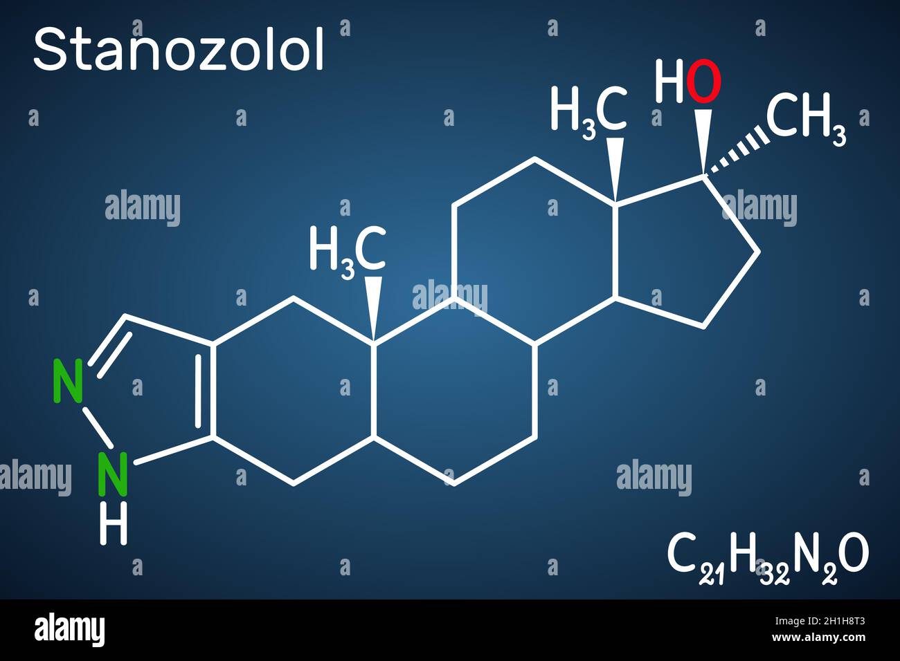 Stanozolol, molécule STZ.Il est androgène, stéroïde anabolique synthétique, utilisé dans le traitement de l'angio-œdème héréditaire.Formule chimique structurelle à l'obscurité Illustration de Vecteur