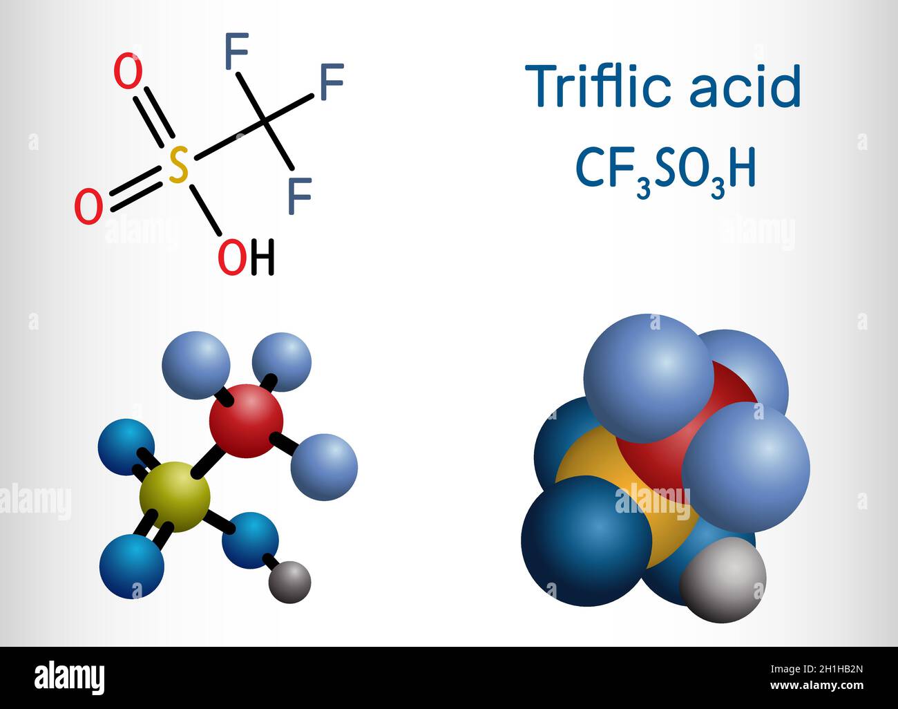 Acide triflique, acide trifluorométhanesulfonique, TFMS, CELI, HOTf,TfOH, molécule CF3SO3H.C'est l'un des acides les plus puissants.Forme chimique structurelle Illustration de Vecteur