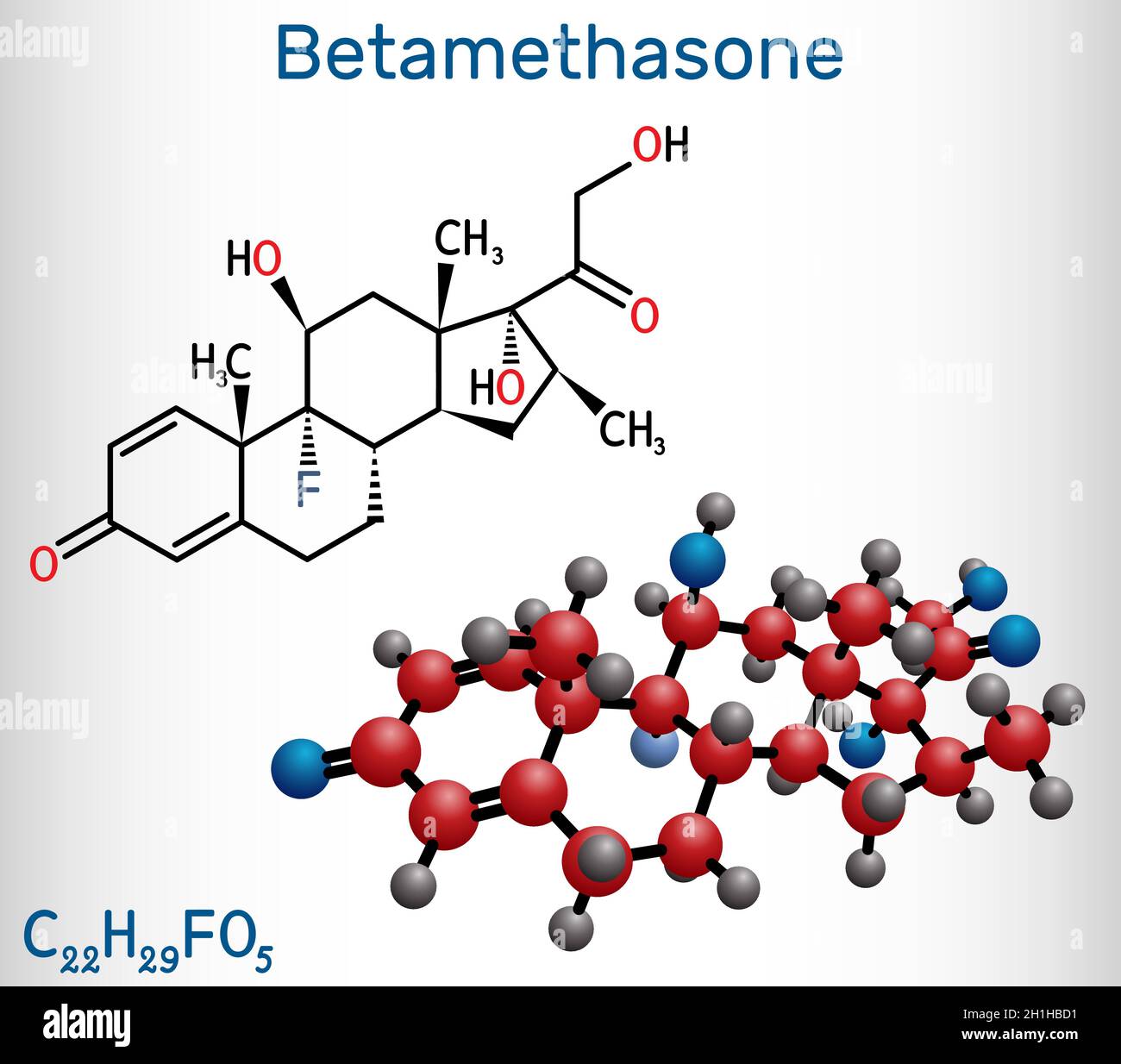 Betamethasone, molécule.Il s'agit d'un corticostéroïde synthétique, glucocorticoïde aux activités métaboliques, immunosuppressives et anti-inflammatoires.Structure Illustration de Vecteur