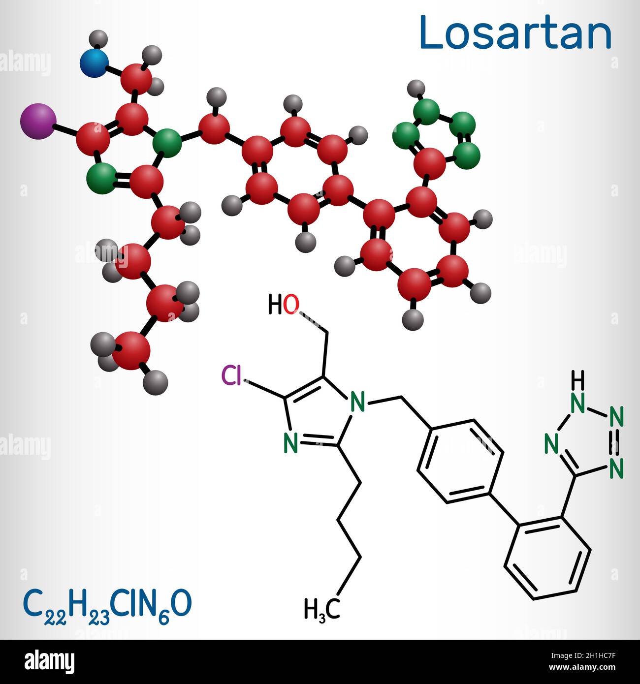 Molécule de losartan.Il est médicament, utilisé pour traiter l'hypertension, la maladie rénale diabétique, l'insuffisance cardiaque.Formule chimique structurelle et modèle moléculaire.VEC Illustration de Vecteur