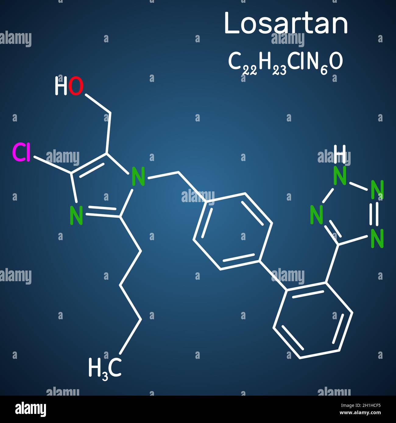Molécule de losartan.Il est médicament, utilisé pour traiter l'hypertension, la maladie rénale diabétique, l'insuffisance cardiaque.Formule chimique structurale sur le dos bleu foncé Illustration de Vecteur
