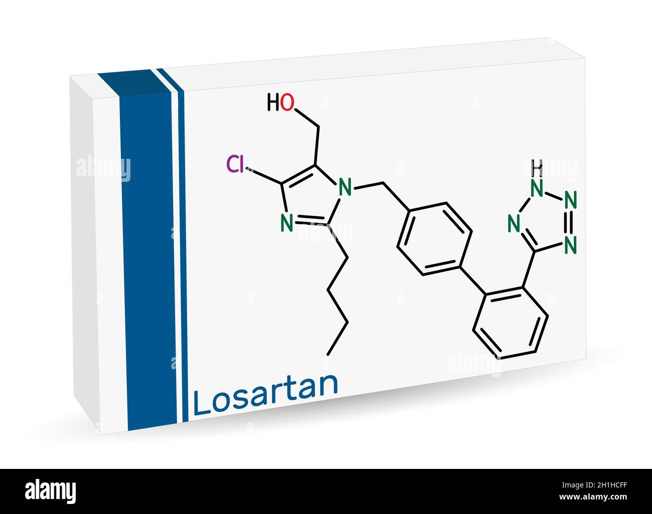 Molécule de losartan.Il est médicament, utilisé pour traiter l'hypertension, la maladie rénale diabétique, l'insuffisance cardiaque.Formule chimique du squelette.Emballage en papier pour médicaments Illustration de Vecteur