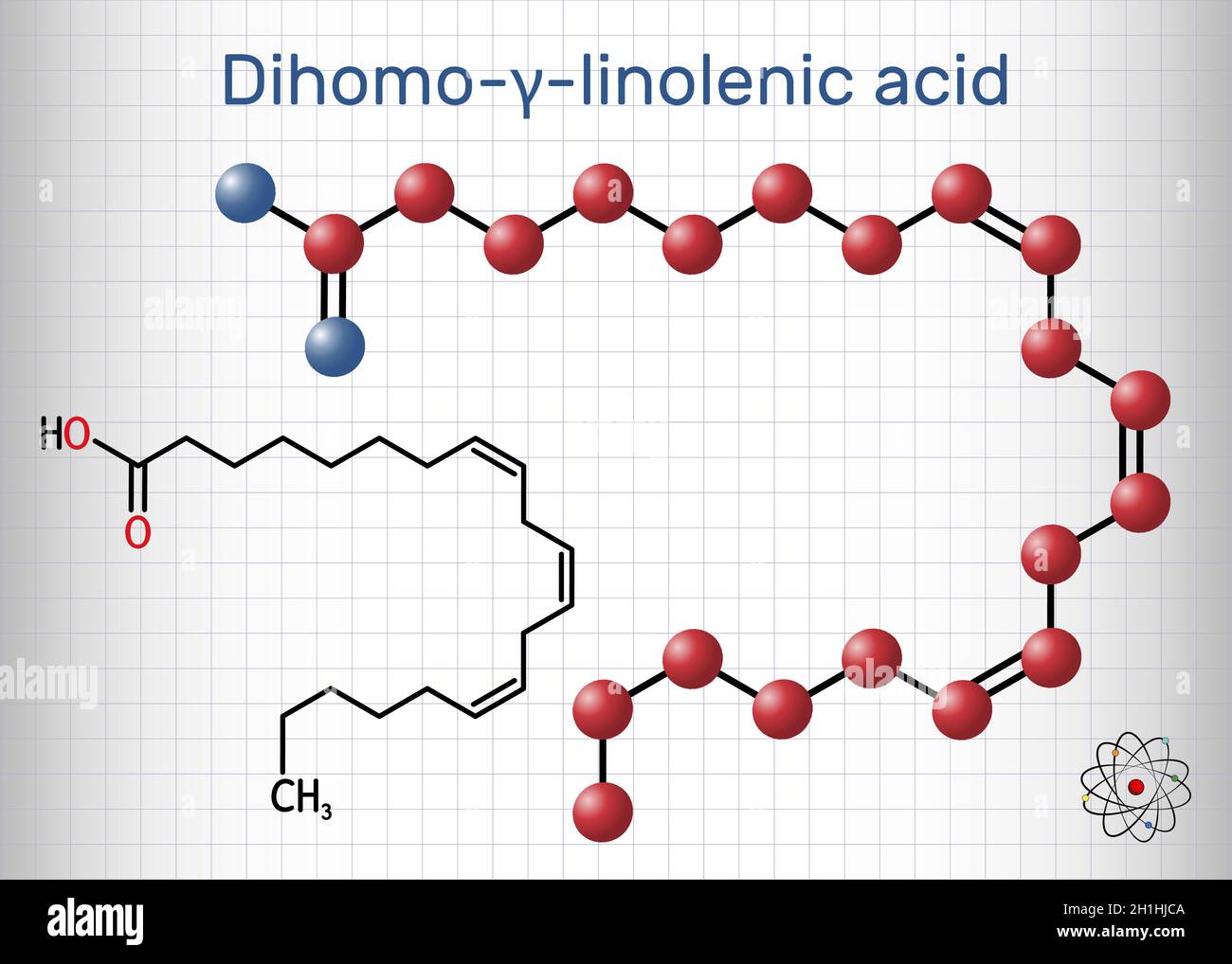 Molécule d'acide dihomo-γ-linolénique (DGLA).Il s'agit d'Omega 6, acide  gras polyinsaturé à longue chaîne.Formule chimique structurelle et modèle  moléculaire.Feuille o Image Vectorielle Stock - Alamy