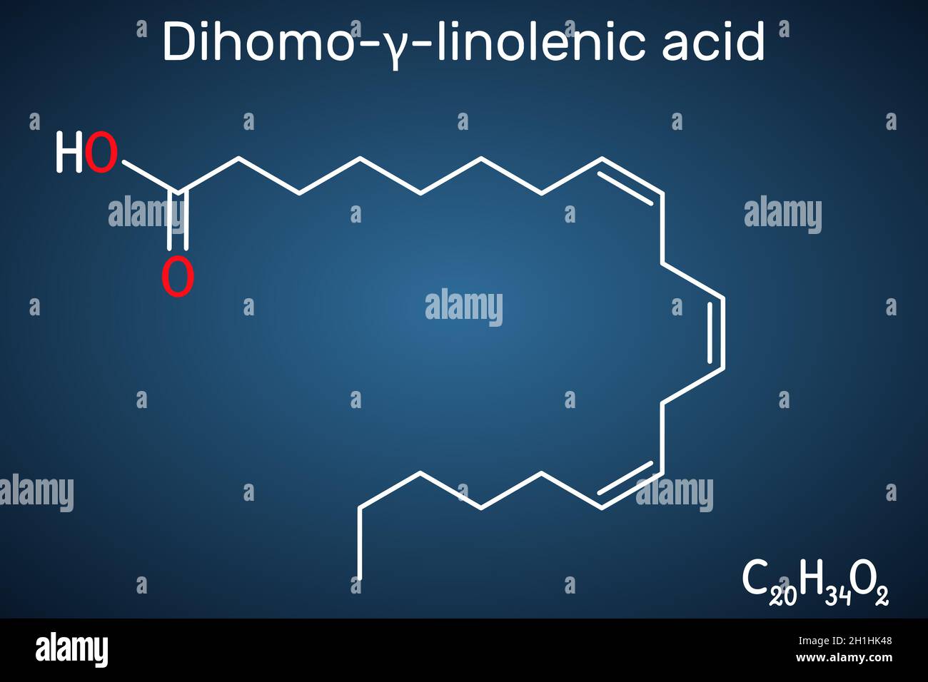 Molécule d'acide dihomo-γ-linolénique (DGLA).Il s'agit d'Omega 6, acide  gras polyinsaturé à longue chaîne.Formule chimique structurelle sur fond  bleu foncé Image Vectorielle Stock - Alamy