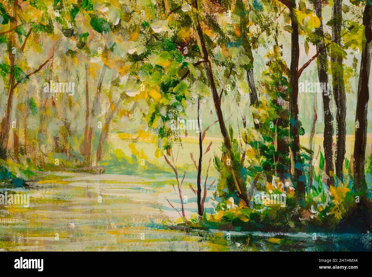Rivière dans une forêt d'automne ensoleillée.Illustration créée avec aquarelles, peinture à l'huile Banque D'Images