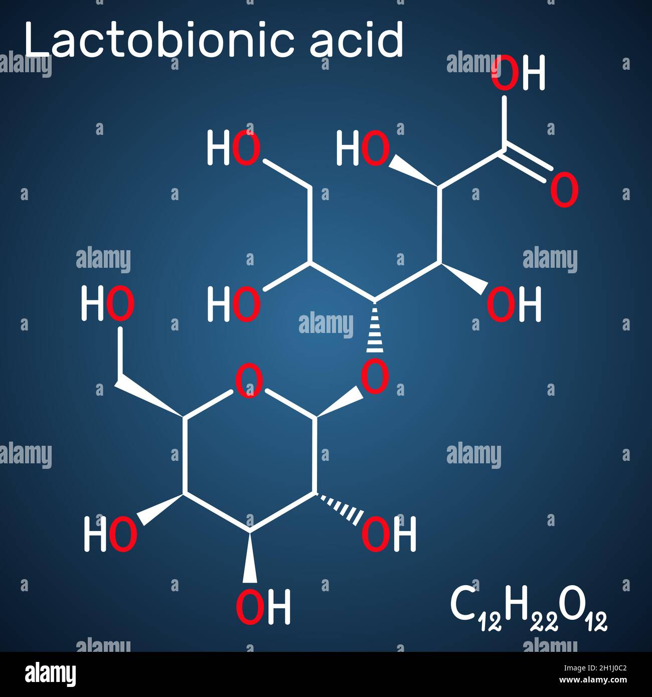 Acide lactobionique, molécule de lactobionate.Il s'agit de PHA, d'acide polyhydroxy, de disaccharide, d'acide de sucre, d'additif alimentaire E399.Formule chimique structurelle sur le Illustration de Vecteur