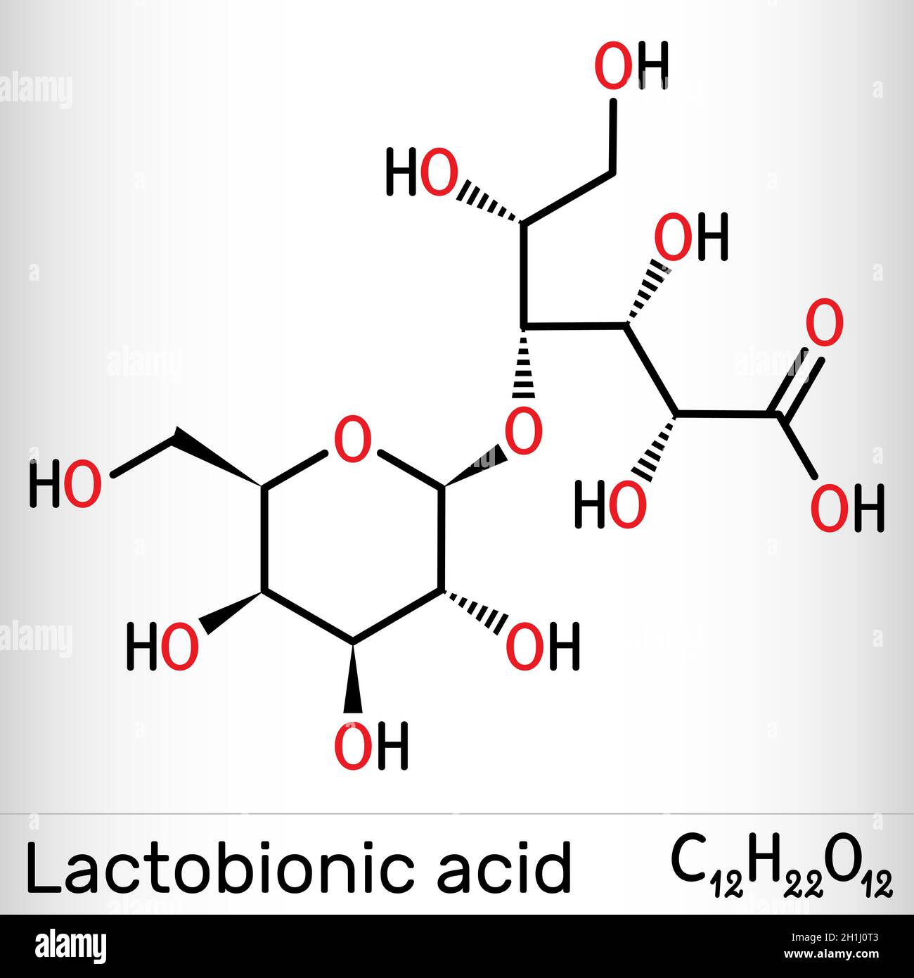 Acide lactobionique, molécule de lactobionate.Il s'agit de PHA, d'acide polyhydroxy, de disaccharide, d'acide de sucre, d'additif alimentaire E399.Formule chimique du squelette.Vecteur Illustration de Vecteur