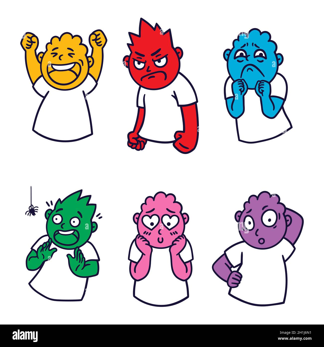 Face abstraite ronde avec des émotions différentes. Heureux, en colère, questionnement, peur, tristesse, tomber dans l'amour emoji avatar. Style de dessin animé. Conception plate vecto Illustration de Vecteur