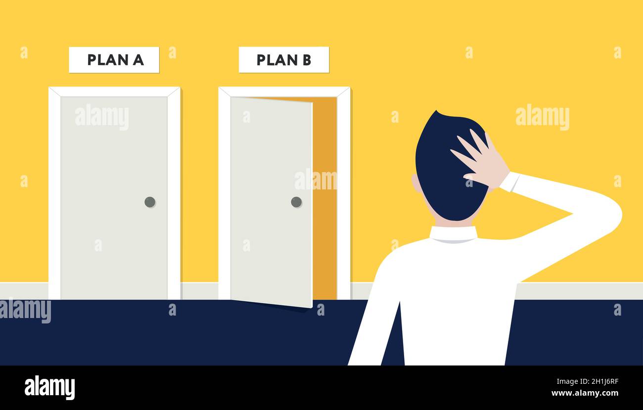 Choix difficile.Illustration vectorielle en conception plate.L'homme de bureau est debout devant deux portes avec les plans a et b. Illustration de Vecteur