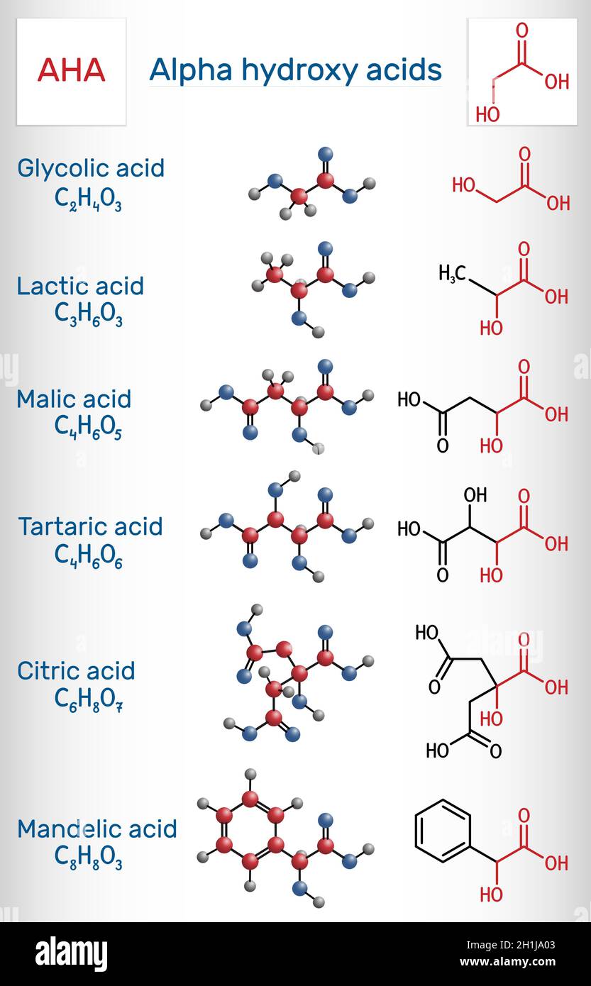 Acides alpha hydroxy, AHA.Glycolique C2H4O3, lactique C3H6O3, malique C4H6O5, tartrique C4H6O6, citrique C6H8O7,Molécule d'acide mandélique C8H8O3.Structure Illustration de Vecteur