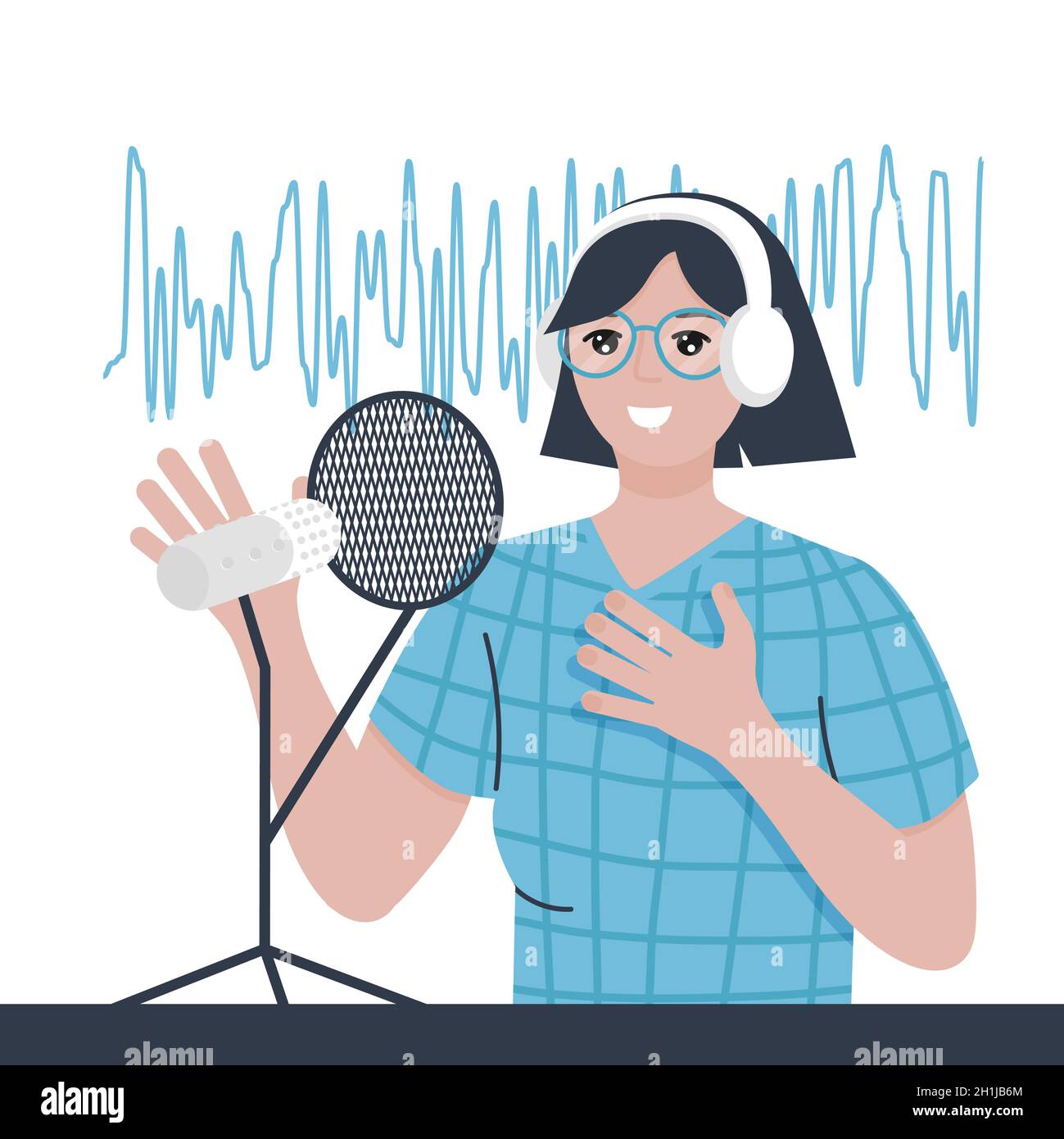 Femme avec casque et microphone.Une femme fait un podcast audio depuis son studio.Illustration vectorielle isolée sur blanc Illustration de Vecteur